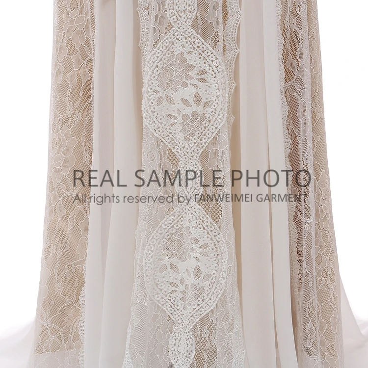 Factory Price 100 % Real Sample Photo Long Sleeve Backless O-Neck Lace Boho Bohemian  Beach Wedding Dress Bridal Gown