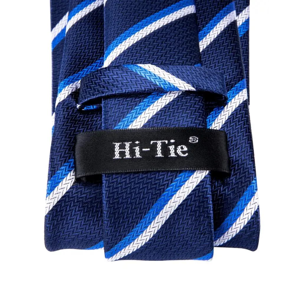 Blue White Striped Silk Wedding Tie For Men Handky Cufflink Gift Men Necktie Set Fashion Design Business Party DropshipingHi-Tie