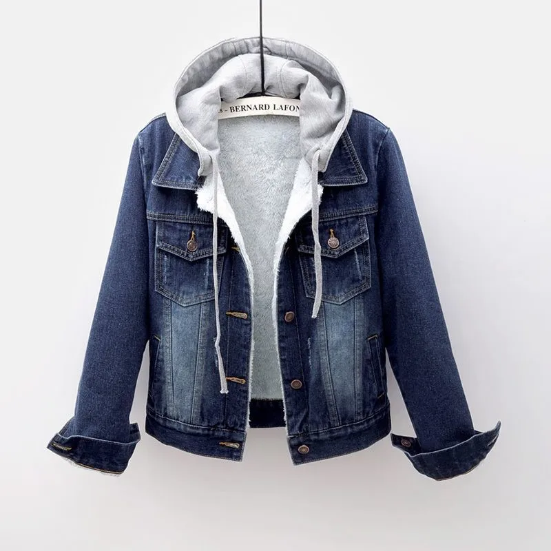 Plus Size S-5XL Autumn Winter Jacket Women Plus Thin Cashmere Hooded Denim Jackets Female Casual Short Jean Coat Jacket female