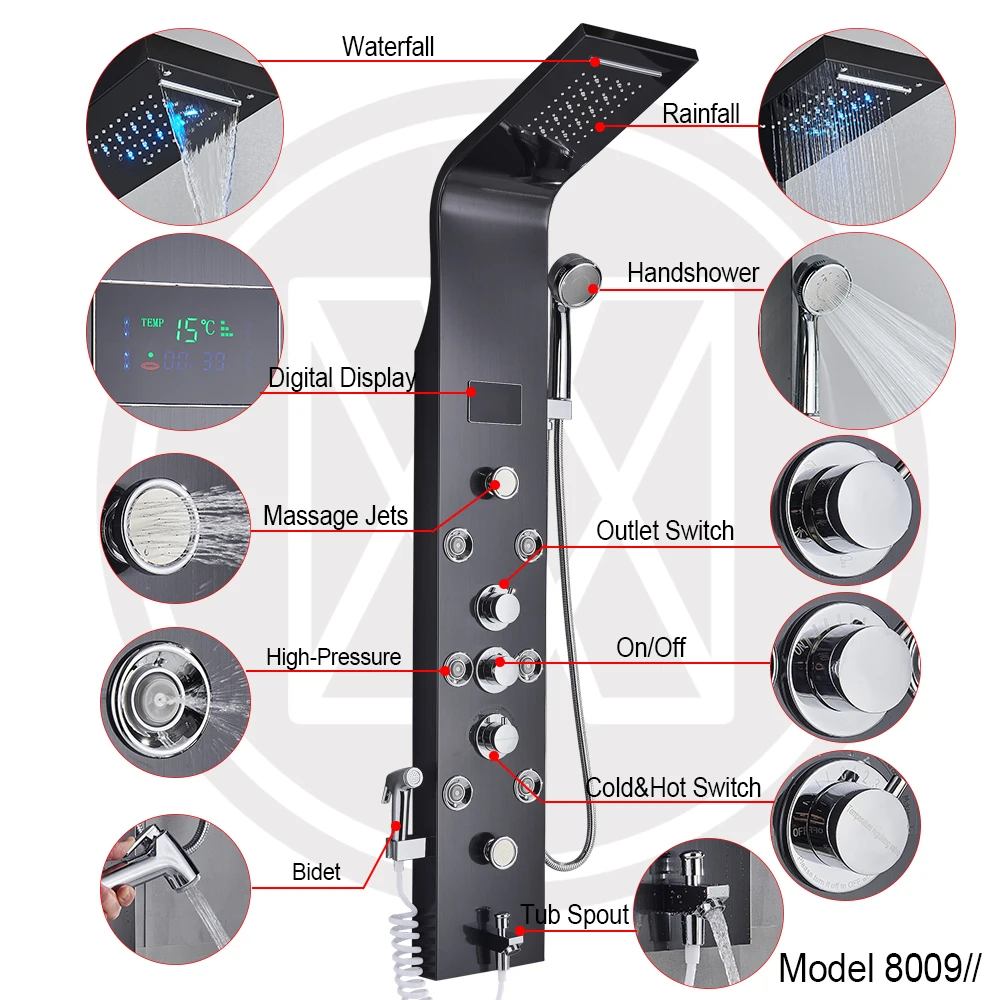 Czarny bateria prysznicowa z podświetleniem LED System kolumna prysznicowa strumień masujący SPA w łazience wodospad Panel deszczownica rączka