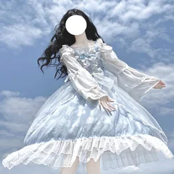 Japanese Summer Sweet Lolita Style Soft Girl Camisole Dress Kawaii Cartoons Shell Printing Ruffles Sleeveless Bow Lace JSK Dress