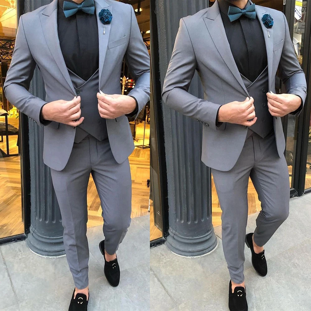 

Formal Gray Men Wedding Tuxedos 3 Pieces Slim Fit Peaked Lapel Groom Suits for Groomsmen Jacket Blazer Clothes Wear Coat