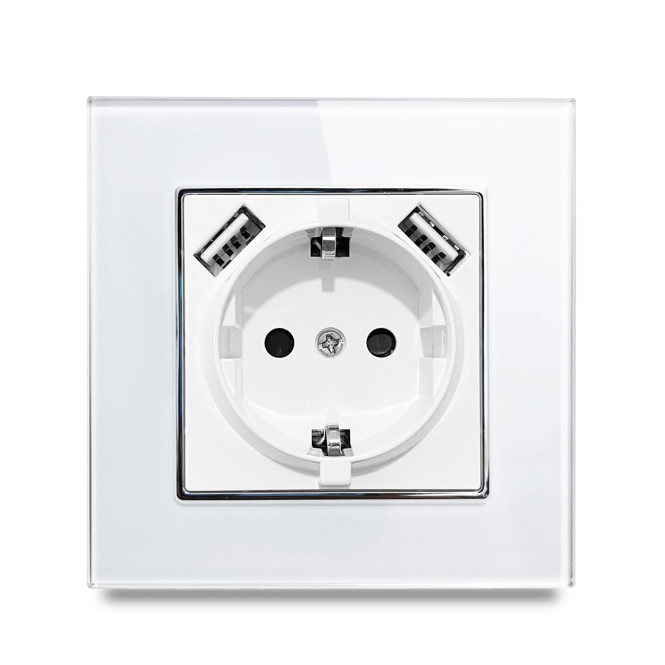 EU Socket with USB Wallpad White Glass Panel EU Schuko Power Socket with Double USB Charging Ports 5.1DC 2.1A For EU Round Box