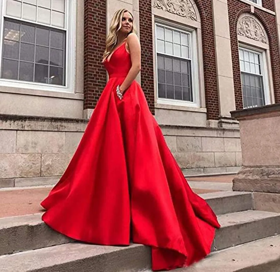 Rot Arabisch Dubai Prom Kleider 2021 Robe De Soiree Lange Spaghetti-trägern V-ausschnitt Perlen Satin Promi Abendkleider