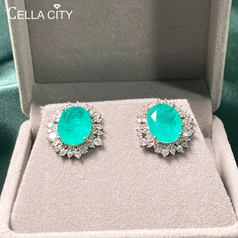 

Cellacity Paraiba Stub Earring For Charm Lady With 10*14mm Oval Shape Gemstone 5A zircon wedding party wholesale Jewelry gift