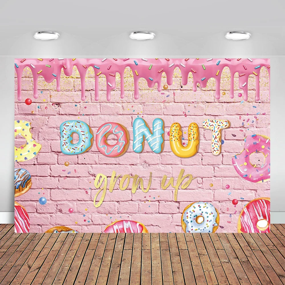 Donut Grow Up Backdrop for Photography Pink Brick Wall Birthday Party Supplies Photo Background Sweet Girls Kids Baby Shower