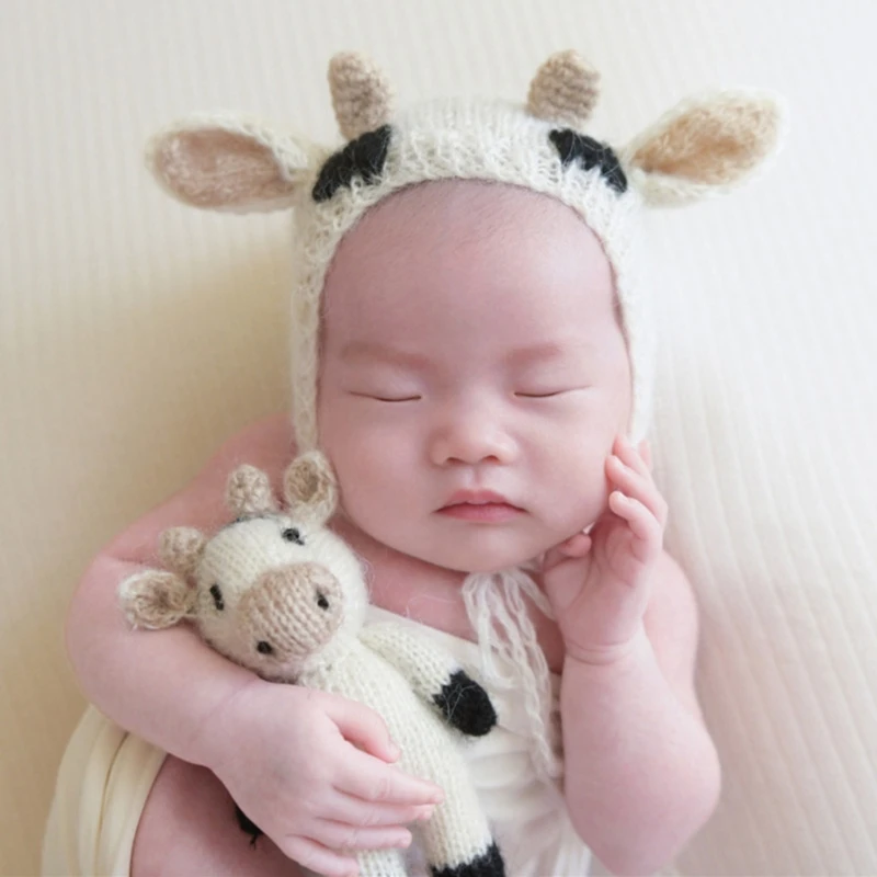 Newborn Infant Photography Prop Crochet Knitted Beanie Hat with Stuffed Animal Cow Doll Toy Set Baby Clothes Costume