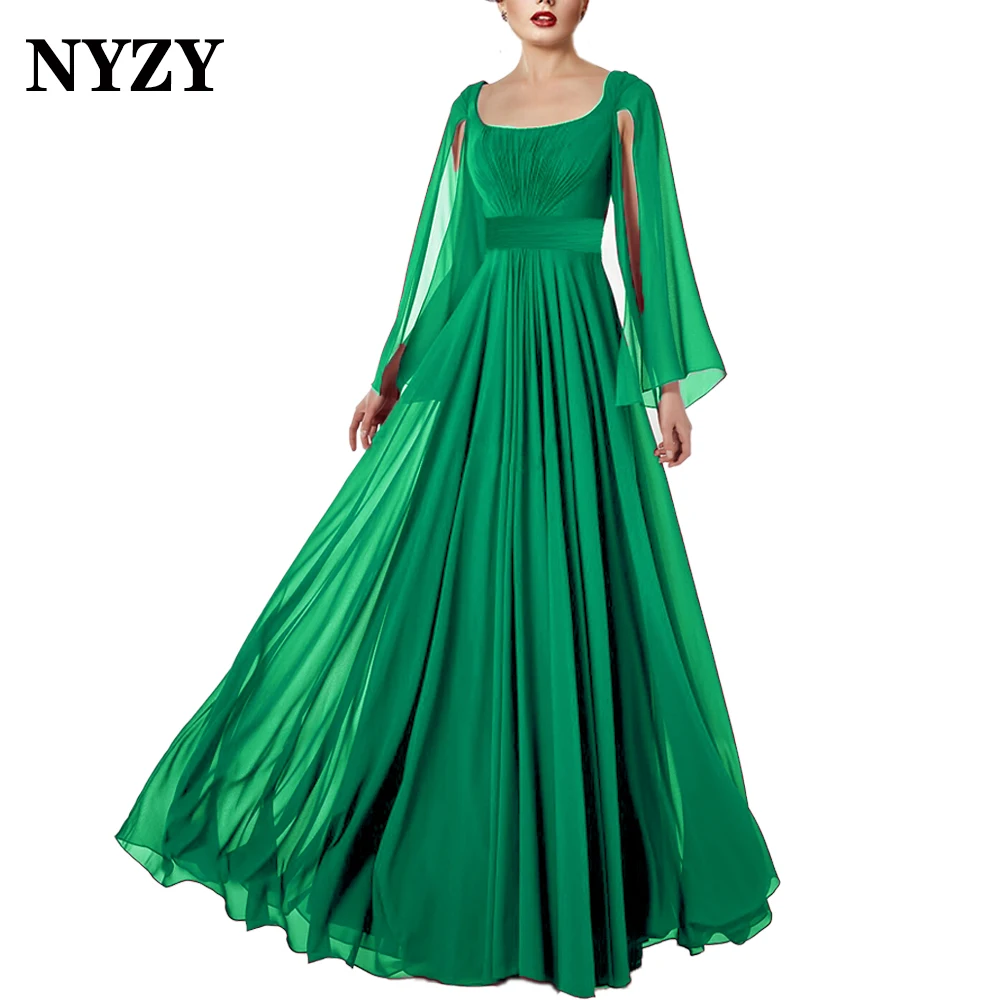 NYZY-vestido de gasa de manga larga para madre de la novia, traje elegante de color verde oliva para invitados de fiesta de boda, vestido Formal de