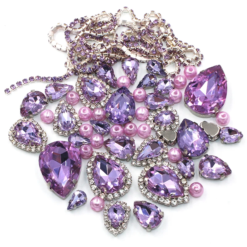 Wedding Decoration Teardrop Crystal violet Mix Size Glass Crystal Stones Pearl Beads Cup Chain Rim Rhinestones Sew On Clothing