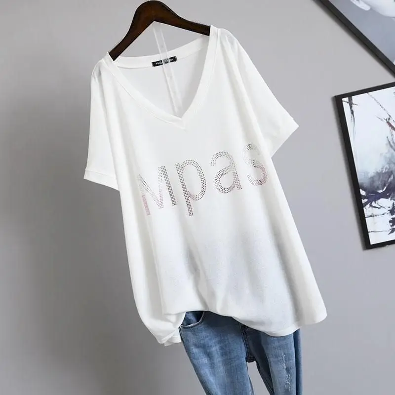 2024 Summer New Womens T-shirt Korean Loose Oversized T-shirt Large Size Diamond V-neck Covering Belly Short Sleeve Tshirt Women