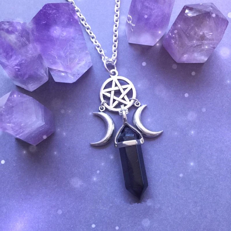 Triple Goddess Crystal Point Pentacle Moon Necklace, Moonstone Pendant Wiccan Witchcraft Collar Jewelry Women Creative Gift