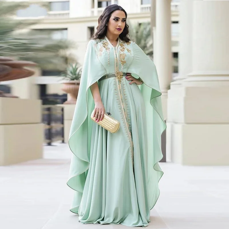 

Moroccan Caftan Mint Green Evening Dresses Long Half Sleeves Dubai Formal Gown Embroidery Prom Dress Plus Size