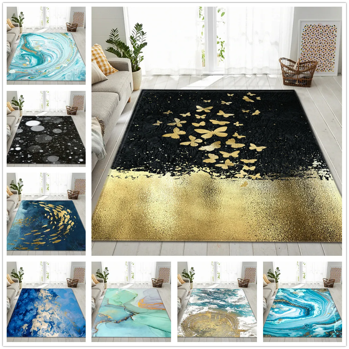 

Gold Butterfly Living Room Carpet Nordic Marble Pattern Bedroom Rug Kids Play Mat Parlor Kitchen Rug Home Decor Room Floor Mat