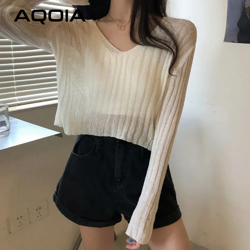 2022 Spring Sexy Solid Color thin Women Sweater Long Sleeve Loose Transparent Short Womens Sweaters INS V Neck Female Pullovers