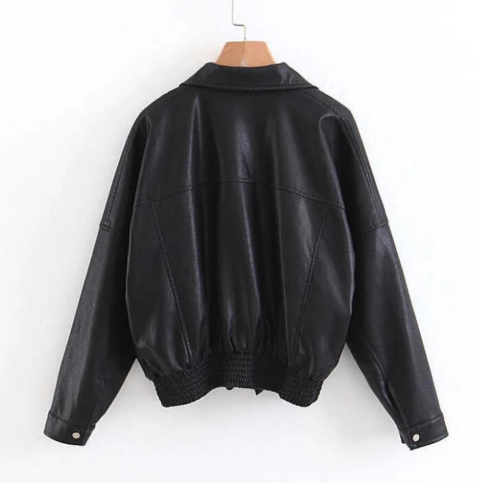 Jaket Kulit PU Musim Semi Baru Mantel Jaket Kulit Lunak Faux Hitam Wanita untuk Wanita Pakaian Wanita Fashion Kasual Sepeda Motor