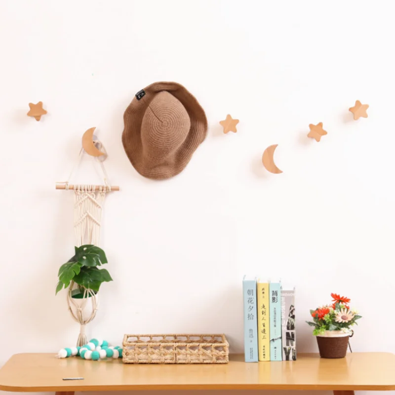 Nordic Solid Wood Beech Wall Hook Free Perforated Porch Sticky Creative Hook Coat Hat Hanger Star Moon Home Hotel Decoration