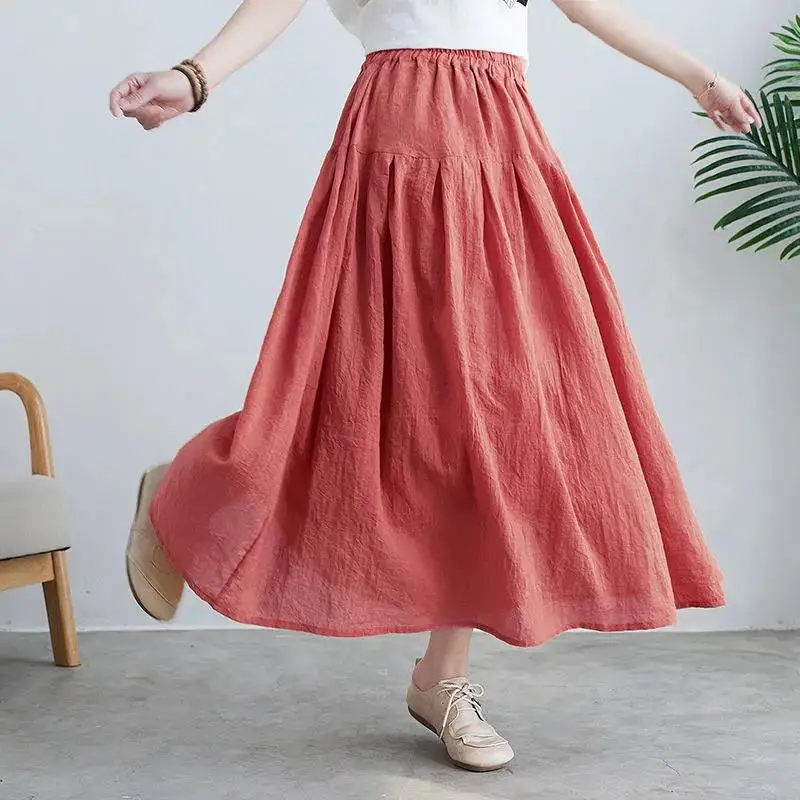 2023 Retro Double-Layer Loose Cotton Linen Skirt Ladies Fashion Big Skirt Spring Summer Solid Color Long Casual Skirts Female