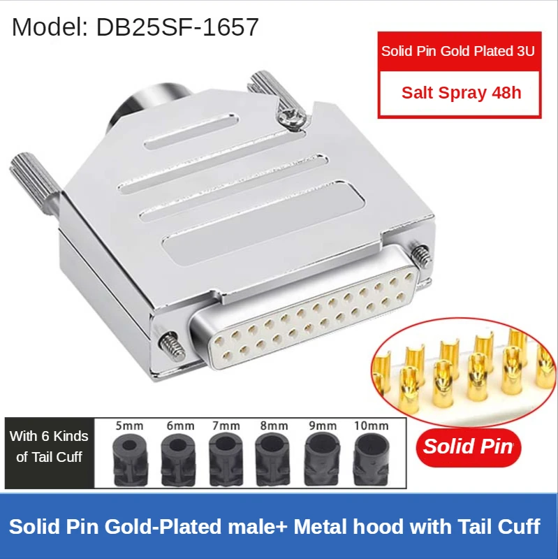 Industrial solid pin gold plated DB25 male female computer components  connector 25 pin plug 25p connector with metal hood