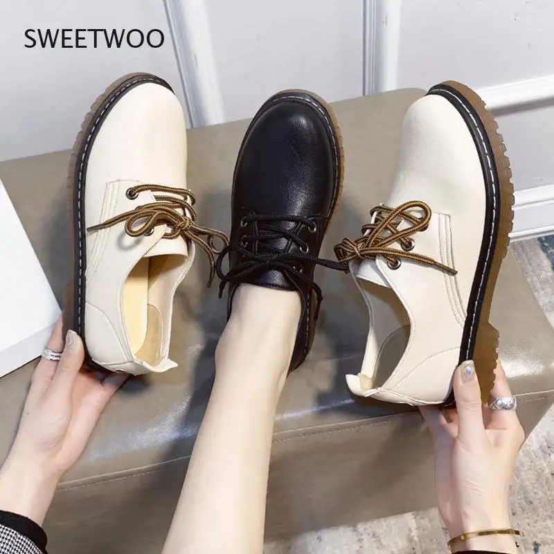 Women Sneakers Low Heel Leather Non-slip Shoes Ladies Casual Oxford Shoes