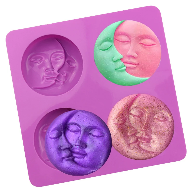 

4 Cavity Crescent Moon Face Silicone Soap Molds Sun And Moon Homemade Soap Making Molds DIY Candle Making Mold Handmade Gifts