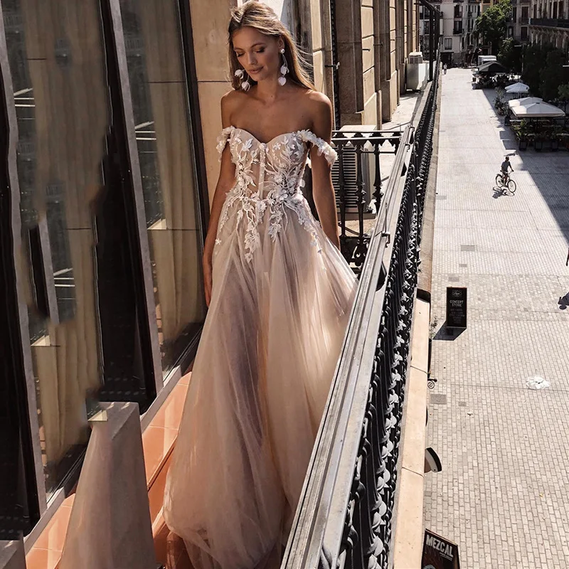 2021 abiti da sposa Sexy Champagne una linea pizzo 3D fiori abiti da sposa Boho abito da sposa spiaggia spalline Casamento