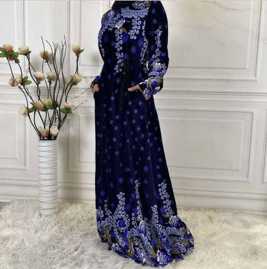 Phụ Nữ Hồi Giáo Dài Tay Áo Tơ Nhung In Dubai Đầm Maxi Abaya Hồi Giáo Ấm Dày Áo Dây Dài Maroc Quần Áo F198