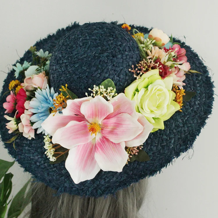 Bolso y sombrero de paja de flores para mujer, personalizado, de alta gama, traje de flores artificiales coloridas, de mimbre, para vacaciones de