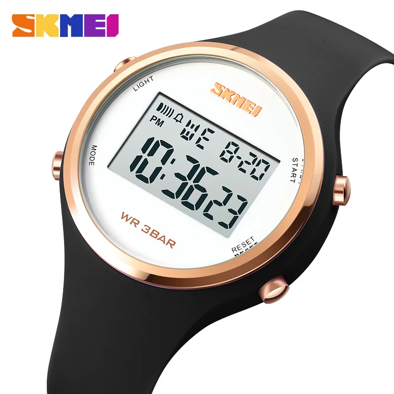 Skmei-relógio eletrônico feminino com display led, silicone, cor preta, alarme digital, presentes