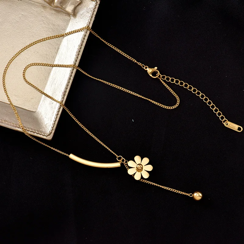 DIEYURO 316L Stainless Steel 2021 Hot Sale Beautiful Flower Hanging Chain Long Style Exquisite Clavicle Chain Necklace For Women