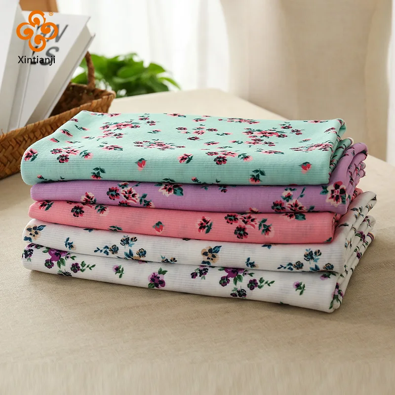 0.5/1/2 Meters Stretch Jersey Rib Elastic Knit Fabric Floral Print DIY Sewing Fabrics For Clothes Kids Little Girl Dress