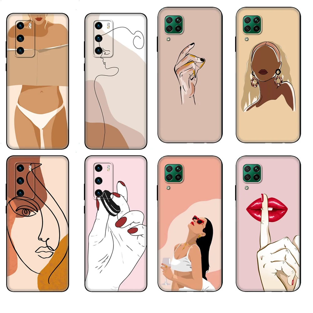 Black tpu Case For Huawei P30 Lite P30 Pro P40 Case For Huawei P40 LITE E P Smart 2020 Case Cover Simple Art Woman