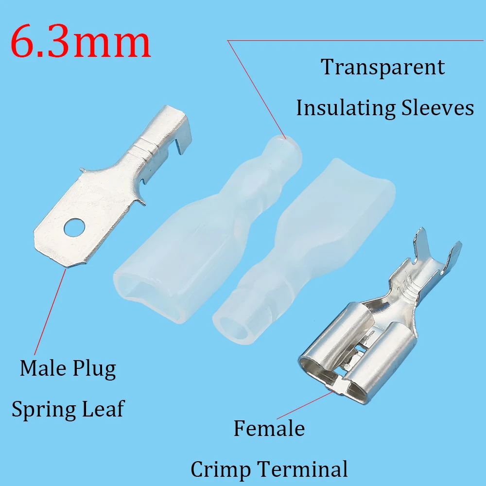 10Set 6.3mm Spade Crimp Wire Terminal Kit Female + Male Plug Socket Spring Leaf Cable Connector +Transparent Insulated Sleeves