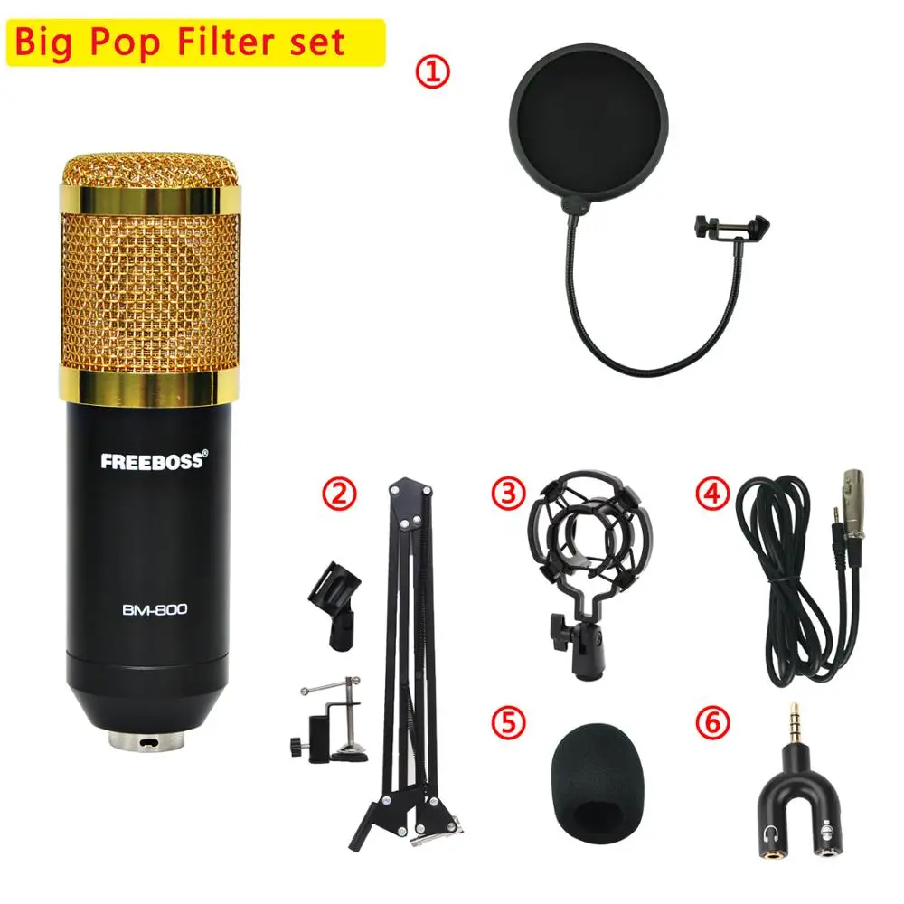 Freeboss Condenser Microphone Set Anti Pop Filter Plastic Shock Mount Arm Stand 3.5 Plug Studio Record equipment BM-800 KIT