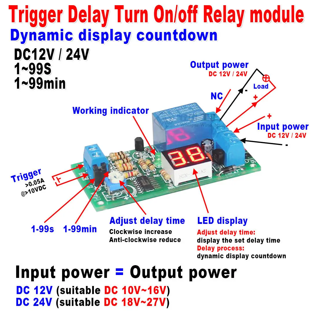 DC 12V/24V LED Display Timing Timer Trigger Delay Turn ON / Turn OFF Switch Relay Module 1-99S 1-99Min