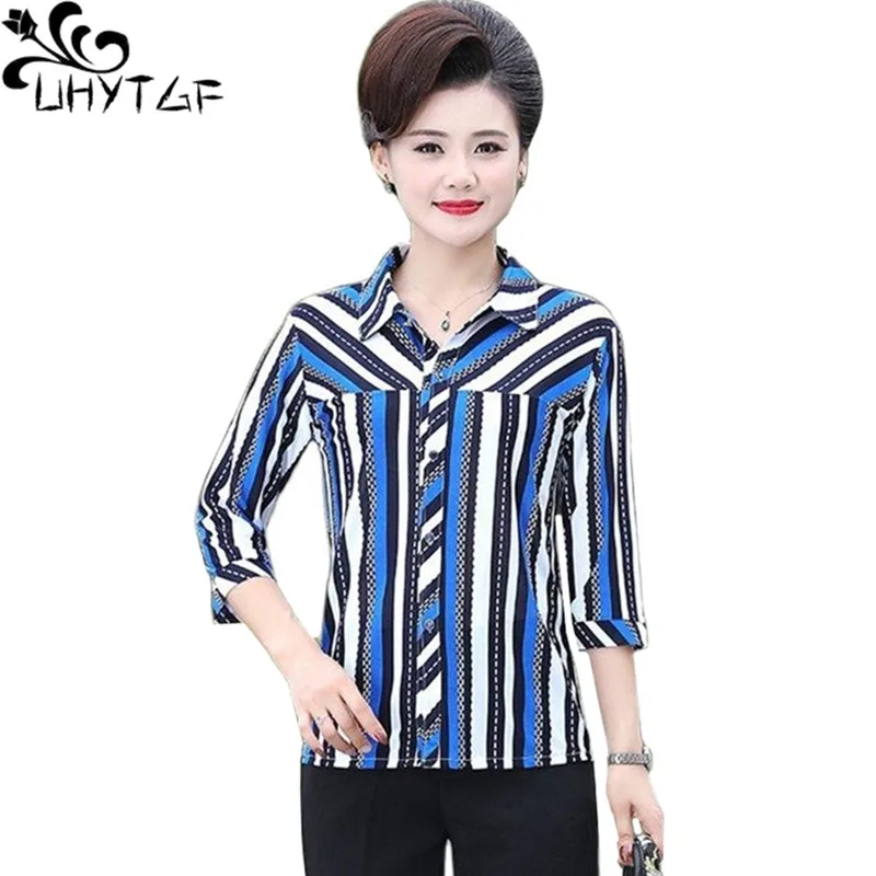 UHYTGF Middle-Aged Mother Spring Summer Shirt Women Fashion Striped Casual Thin Loose Size Blouses Elegant Top Female Blusas1724