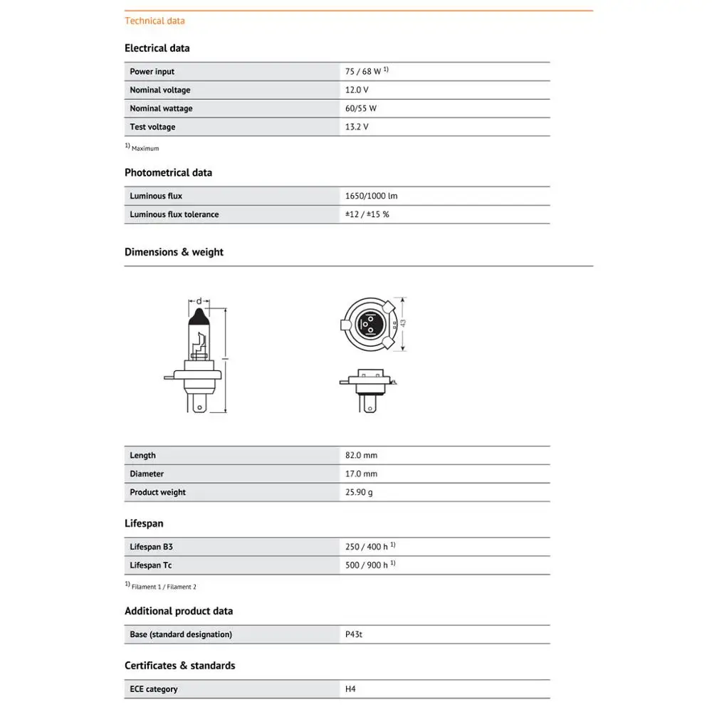 OSRAM H4 9003 HB2 Standard Hi/lo Beam Car Halogen Headlight Auto Bulb 3200K 12V 60/55W P43t 64193 Original Lamp (Single)