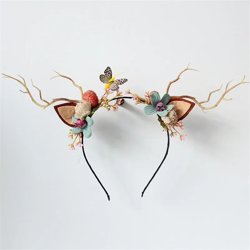 1pc Women Girls Christmas Fairy Tale Flower Headband Retro Tree Branch Deer Ears Antler Hair Hoop Crown Festival Party Props