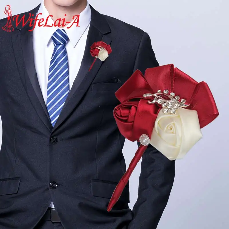 

WifeLai-A Cheap 5Pieces/lot Burgundy Groom Wedding Flowers Groomsmen Ceremony Flower Wedding Corsages Boutonniere Brooch X1102