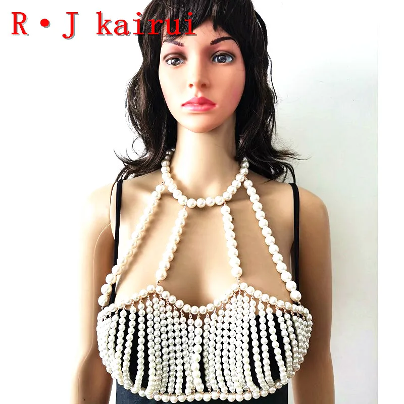 

New RJPE12 Fashion Women Gold Chains Layers Imitation Pearls Top Bra Chains Body Costume Jewelry 2 Colors