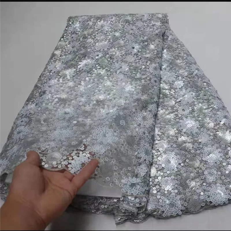 (5yards/lot ) 2019 New High quality emerald Silver sequin African tulle lace French net lace fabric with Sequins for party dress