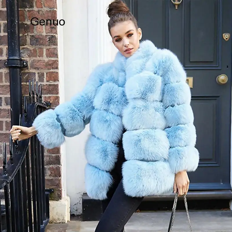 Women Luxury Fake Fox Fur Jacket High Quality Outwear Stand Collar Thick Warm Winter Overcoats Flurry Women Faux Fox Fur Coats