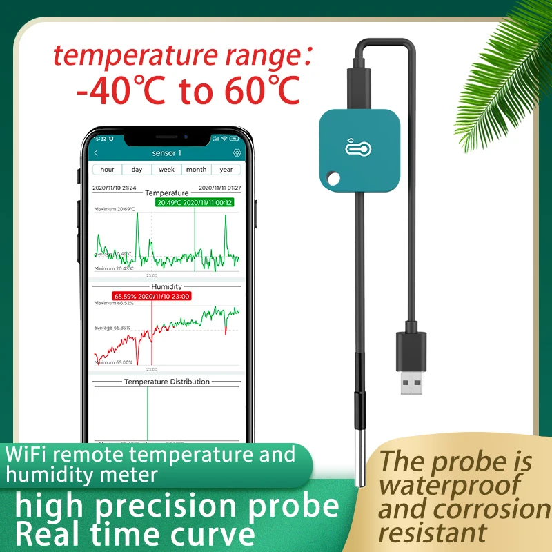Wifi Usb 온도 센서 프로브 전력 모니터링 알람 Wifi 온도계 습도계 데이터 로거 App 용 경보 감지기