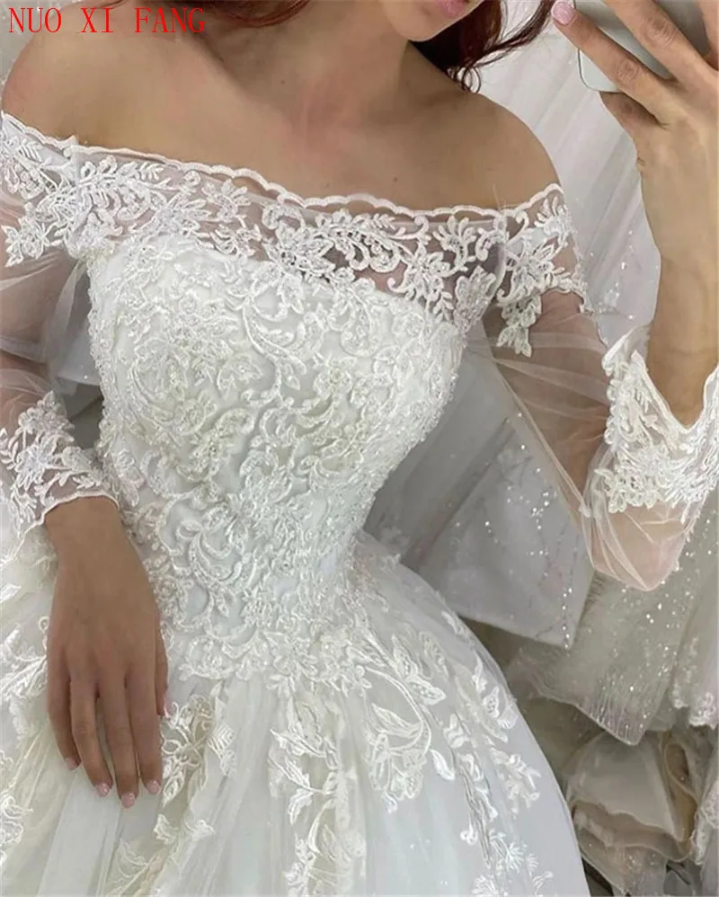 Robe de mariée de princesse en dentelle, magnifique robe de bal, manches longues, épaules dénudées, avec des Appliques à lacets dans le dos