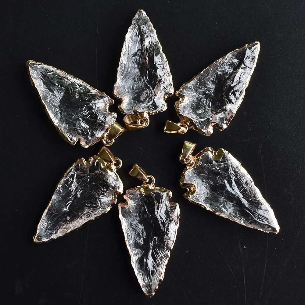 Good Quality Natural white crystal Arrowhead Pendant Electroplated Gold Color Raw Stone for jewelry making 6pcs/lot  Wholesale