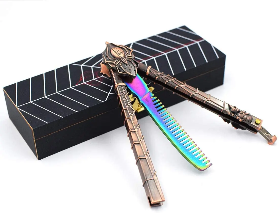 Practice Stick Finger Strength Flip with Wooden Box Spider EDC Butterfly Knife Stainless Steel Folding Training Pocket Comb gift