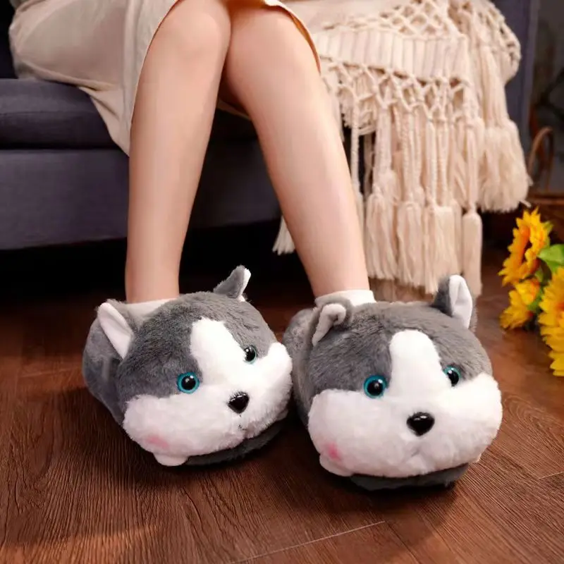 Winter Cartoon Cotton Slippers Girl Cute Animal Tiger Plush Home Sandals Couple Ladies Indoor Warm Men Husky Fluffy Fur Slides