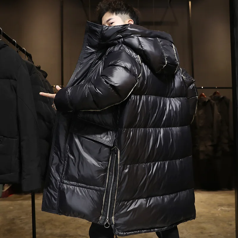 Winter Mens Down Jacket Long Type Hooded Thickened Male New Trendy Youth Glossy 90% White Duck Down Coat