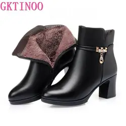 GKTINOO Women Winter Shoes 2024 New Fashion High heels Women Leather Boots Large Size Natural Wool Warm Ladies Short Boots