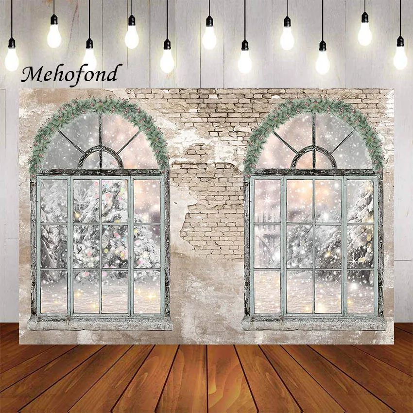 Mehofond Photography Background Brick Wall Winter Snowflake Christmas Window Kids Family Party Portrait Backdrop Photo Studio