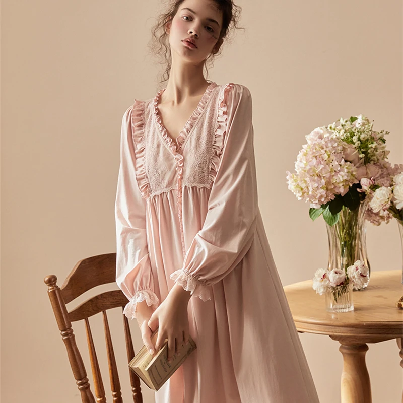 

Cotton Nightgown Women Sleepwear Elegance V-neck Lady Night gown Nightdress Autumn